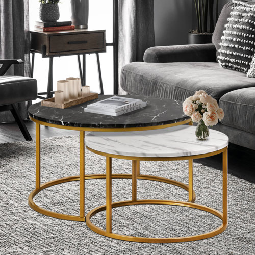 Mercer41 2 Piece 35" Round Marble Nesting Coffee End Table With Golden Steel Frame | Wayfair